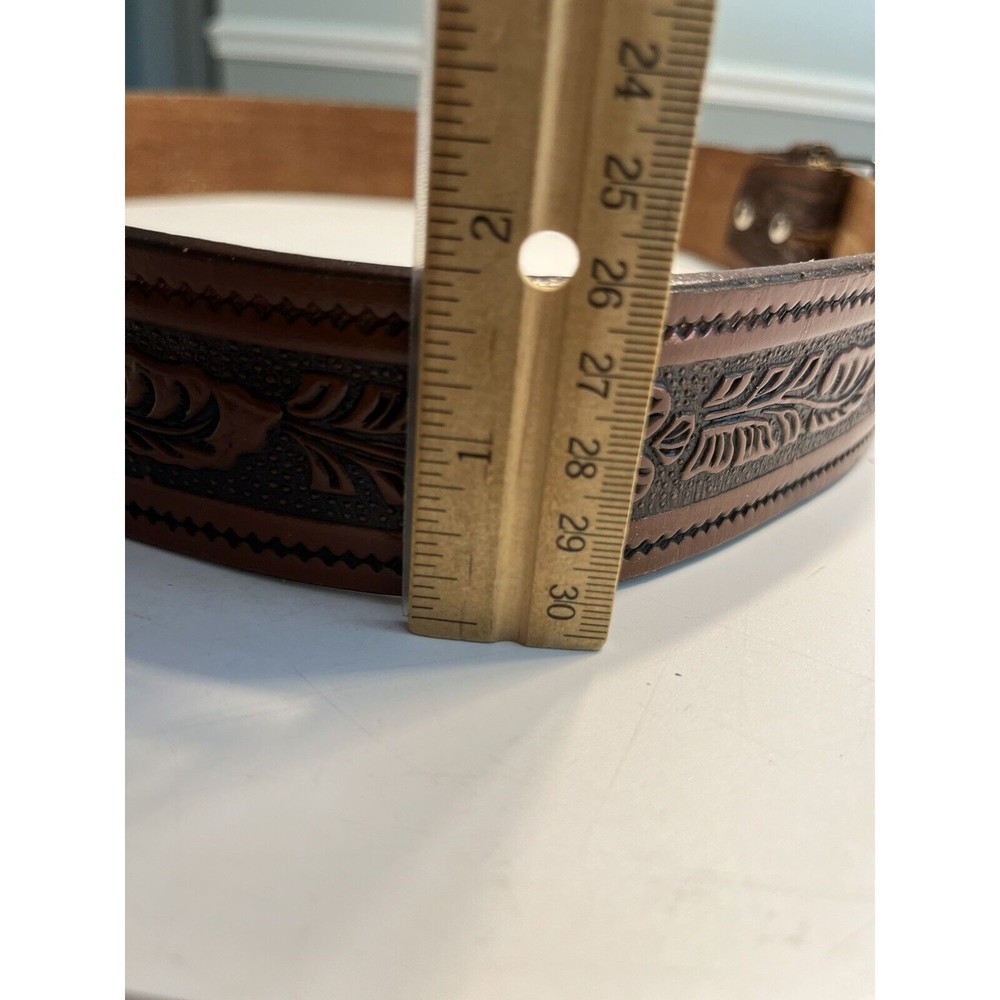 Vintage Brown Floral Embossed Leather Belt w Phoenix Bird Belt Buckle Marked 38 - Picture 5 of 14